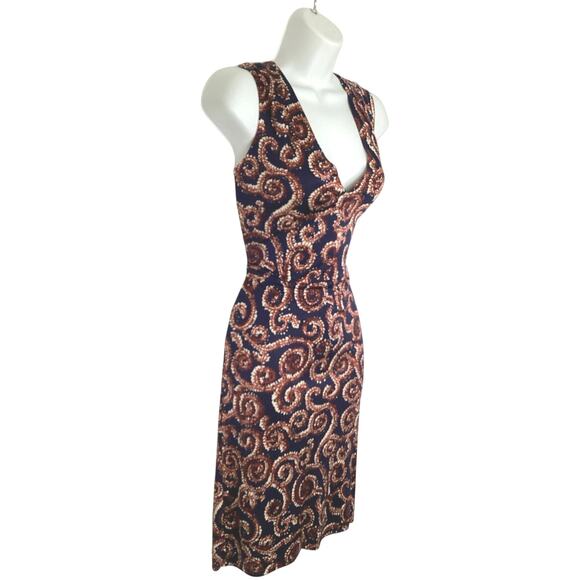 Tory Burch Rust Navy Print Silk Jersey Sleeveless Fitted Dress Zipper S - Picture 2 of 7